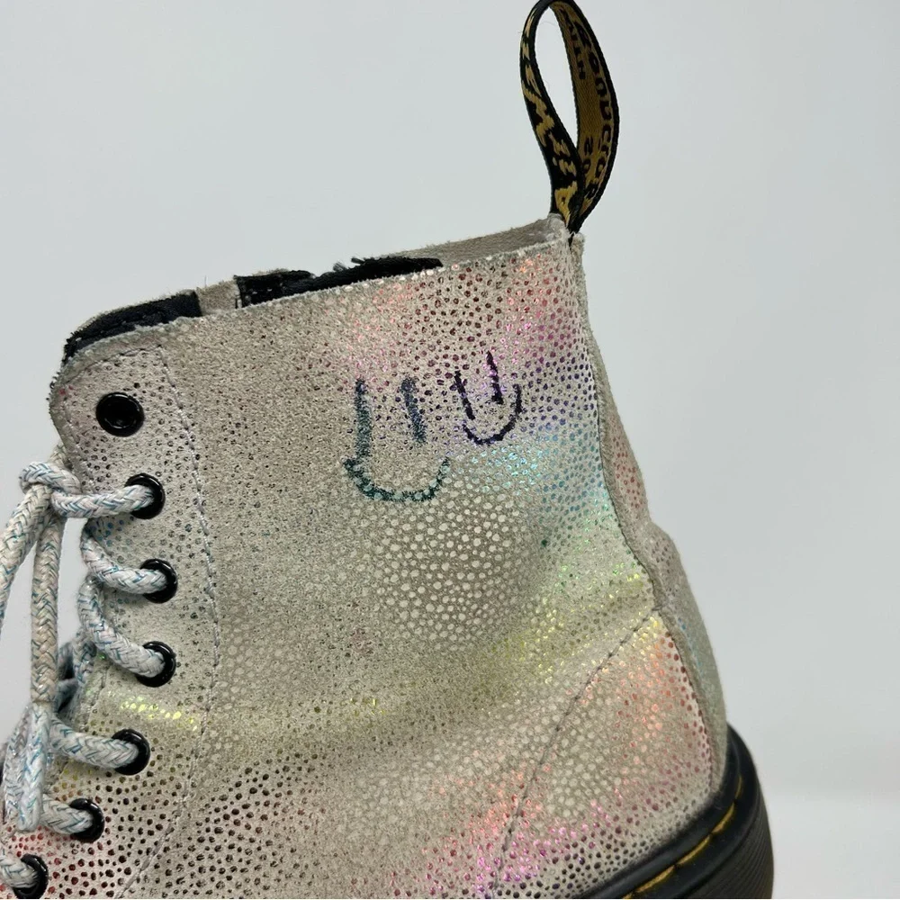 Dr. Martens Pascal White Metallic Rainbow Glitter Lace Up Kids Boots Size 3